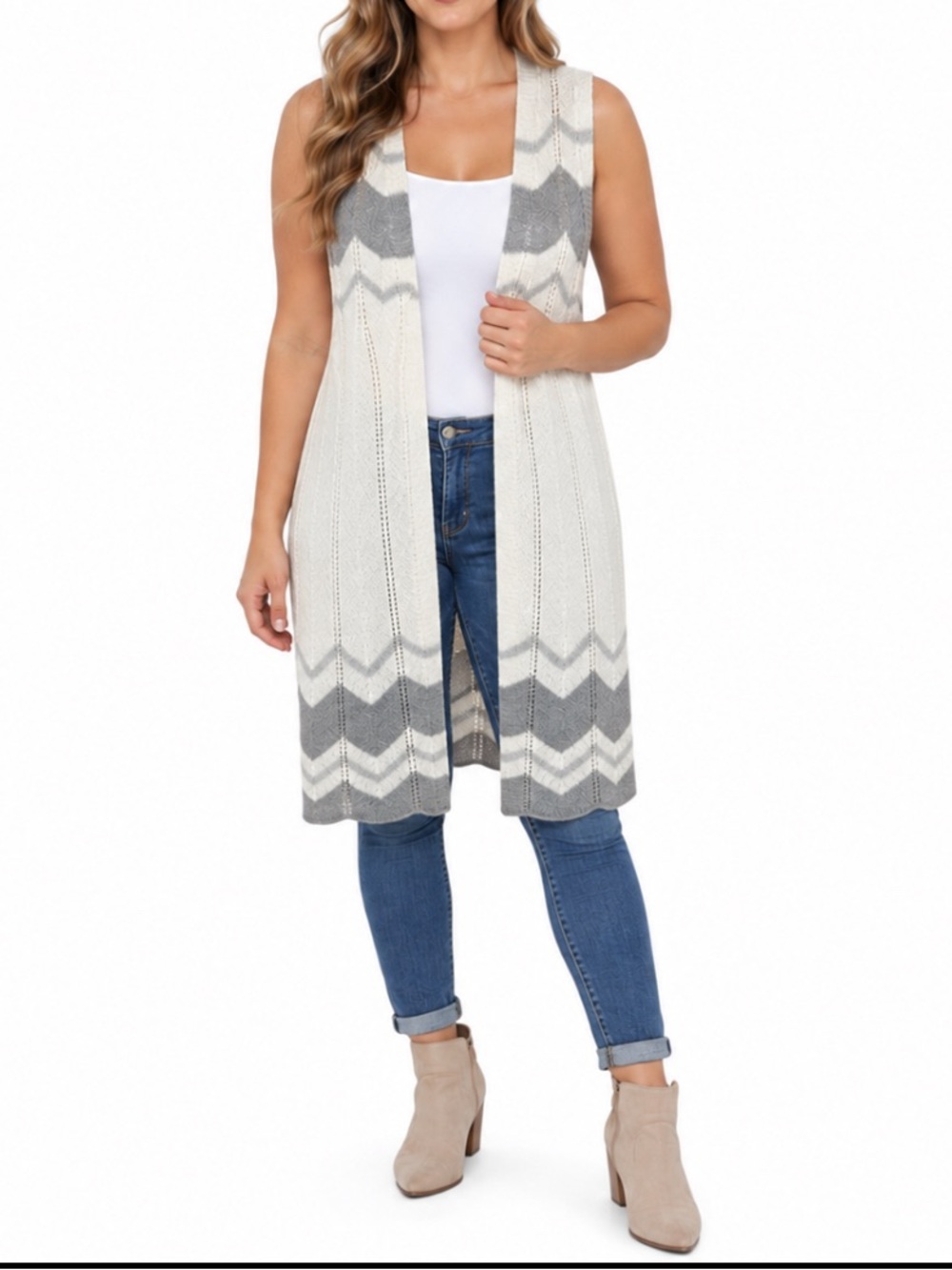 POL Womens Large Long Open Front Sweater Vest Ivory Gray Chevron Boho Duster